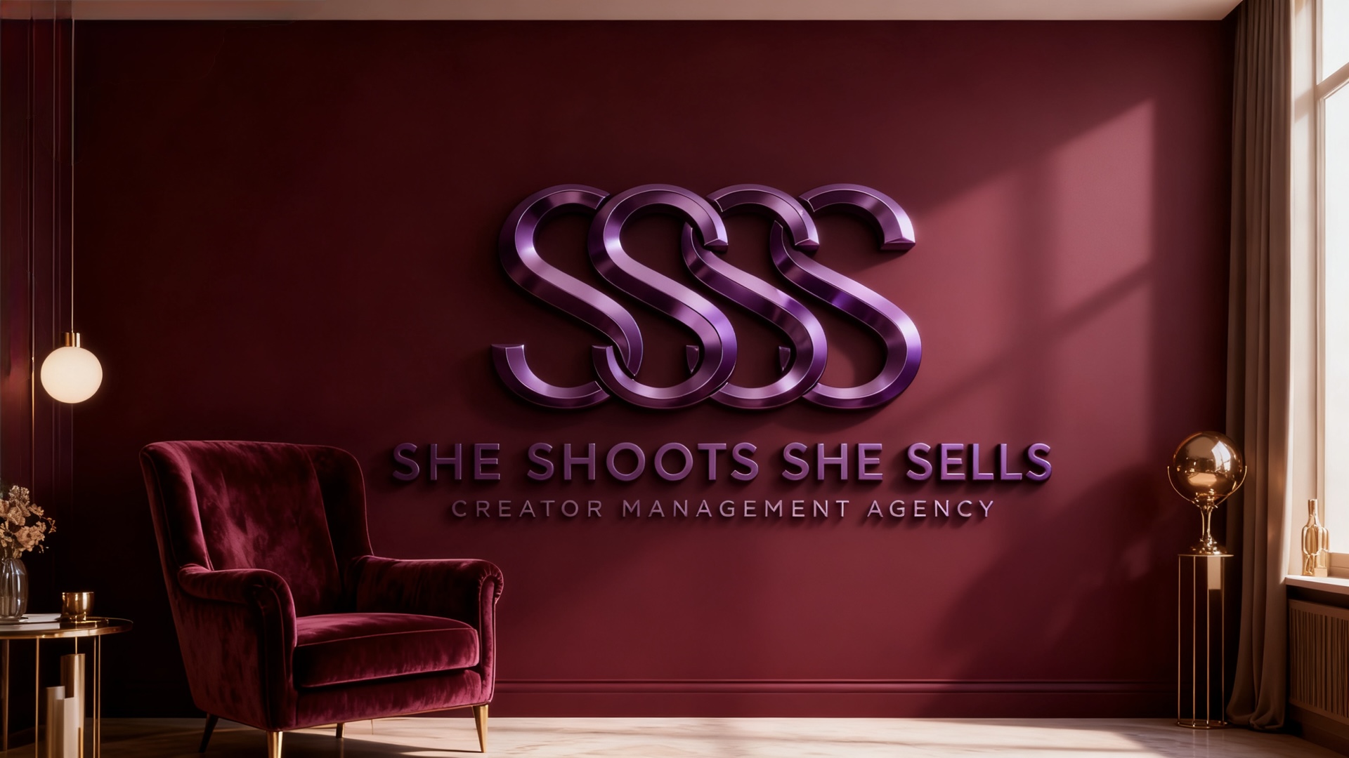 She Shoots She Sells creator management agency logo on a burgundy wall